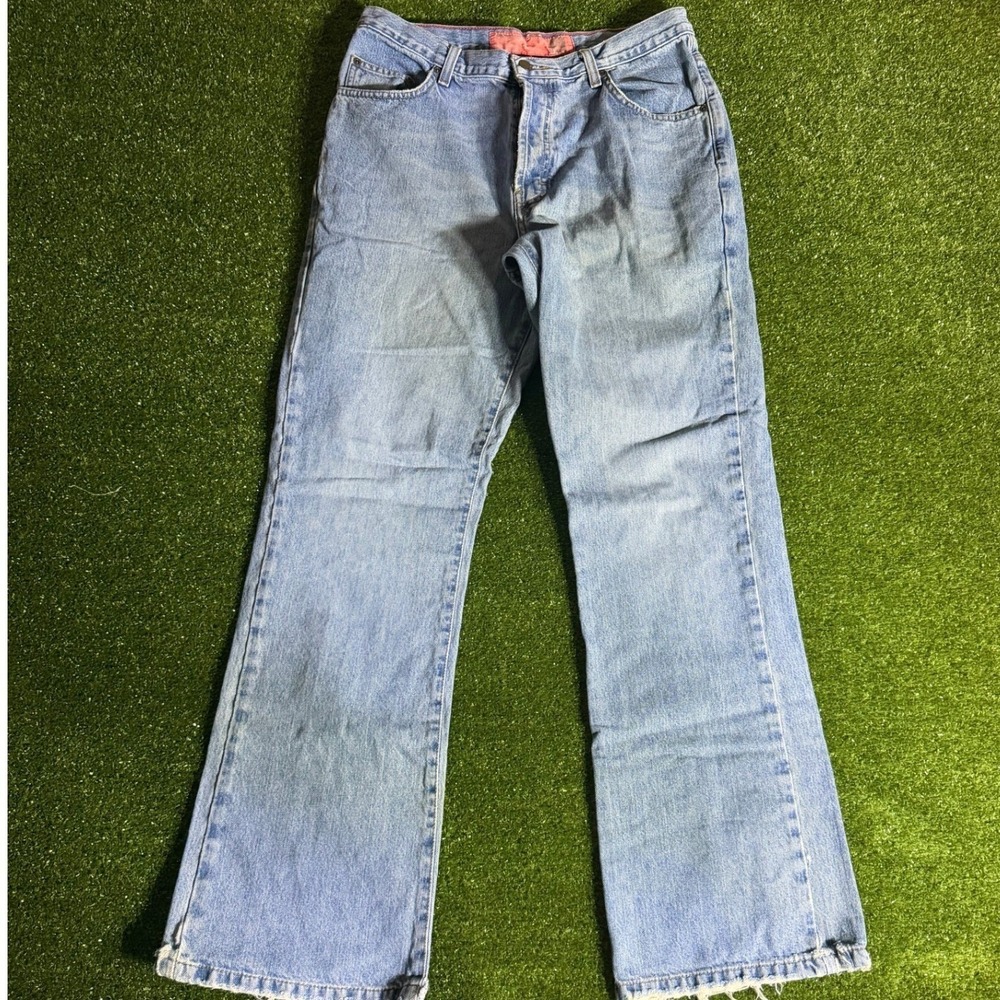 Vintage Light Wash Distressed Straight Leg Denim Jeans 32x32 Mens Blue Cotton